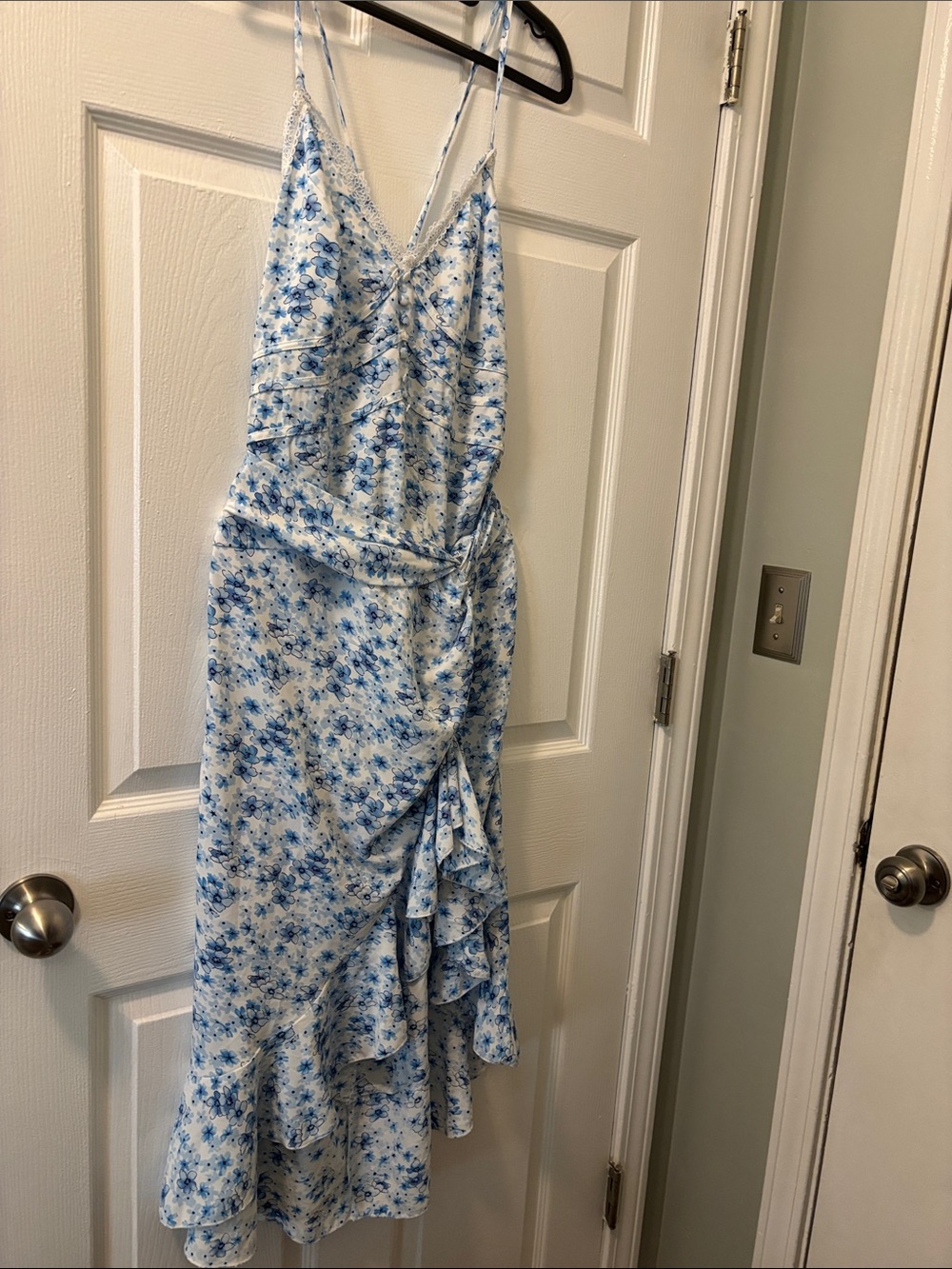 PrettyLittleThing White and Blue Floral Wrap Midi Dress